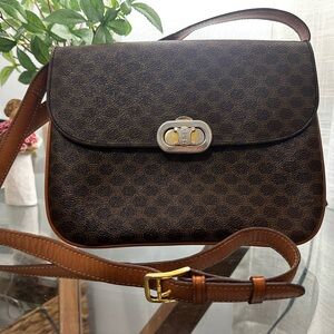 CELINE MACADAM Brown Leather Shoulder/Crossbody Bag - Made in Italy Vintage